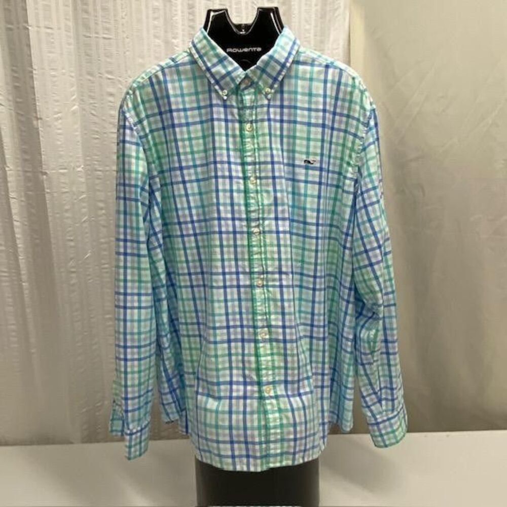 Vineyard Vines Whale Shirt Mens XXL Blue Green Plaid Cotton Button Down 2XL(4014